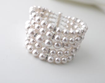 Pearl Bridal Bracelet with Rhinestones, Vintage Style Wedding Jewelry, Chunky Pearls Cuff, 5-row in Silver, CELINE