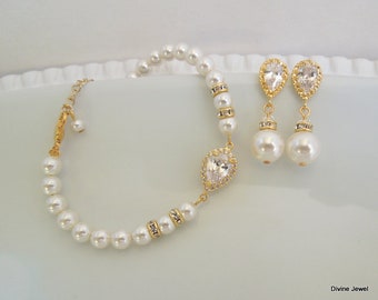 gold Bridal Jewelry Set wedding jewelry set bridal earrings pearl bridal jewelry set pearl bridesmaid jewelry set, bridal bracelet AUDREY