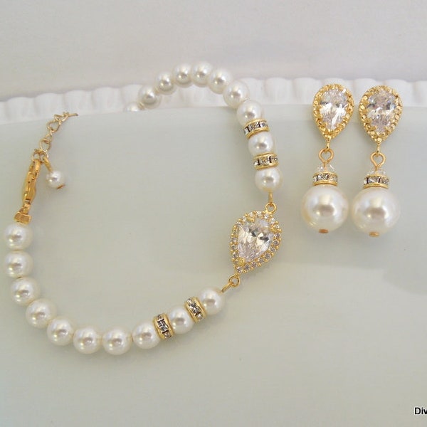 gold Bridal Jewelry Set wedding jewelry set bridal earrings pearl bridal jewelry set pearl bridesmaid jewelry set, bridal bracelet AUDREY