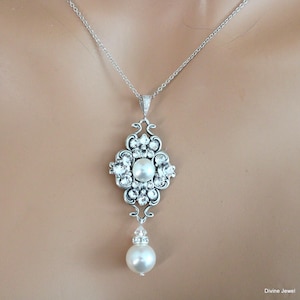 Bridal Pearl & Rhinestone Necklace: Silver Wedding Jewelry, Claude
