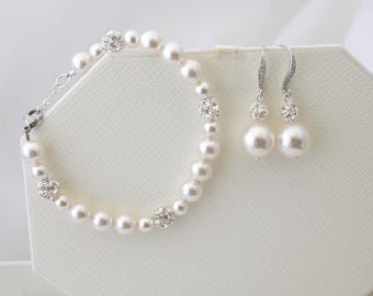 Bridal Jewelry Set, Pearl Drop Earrings and Wedding Bracelet, Vintage Style, Claire