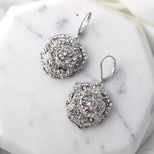 Bridal Rhinestone Rose Stud Earrings: Vintage Style Wedding Jewelry, Lever back, ROSIE