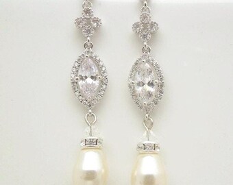 Pendientes colgantes de perlas para novia, joyería nupcial de circonita cúbica, boda en plata, Isla