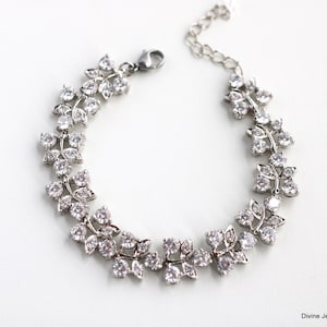 Cubic Zirconia Bridal Bracelet Vintage Style : Leafy CZ Wedding Jewelry