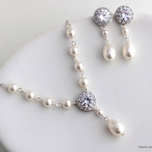 Cream Pearl Bridal Jewelry Set: Cubic Zirconia Necklace and Earrings, Vintage Style, WHITNEY
