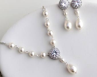 Pearl Bridal Jewelry Set: Cubic Zirconia Necklace and Earrings, Vintage Style Cream Pearls, WHITNEY