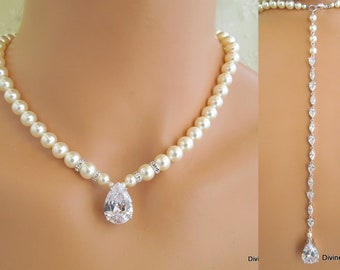 Bridal pearl necklace, backdrop necklace pearl, wedding necklace pearl, wedding backdrop necklace, wedding jewelry set, pearl necklace, ARIA