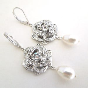 Braut Kronleuchter Ohrringe, Hochzeit Schmuck Perle Tropfen, Viktorianischen Rose Design, Silber oder Gold, ROSELANI Bild 7