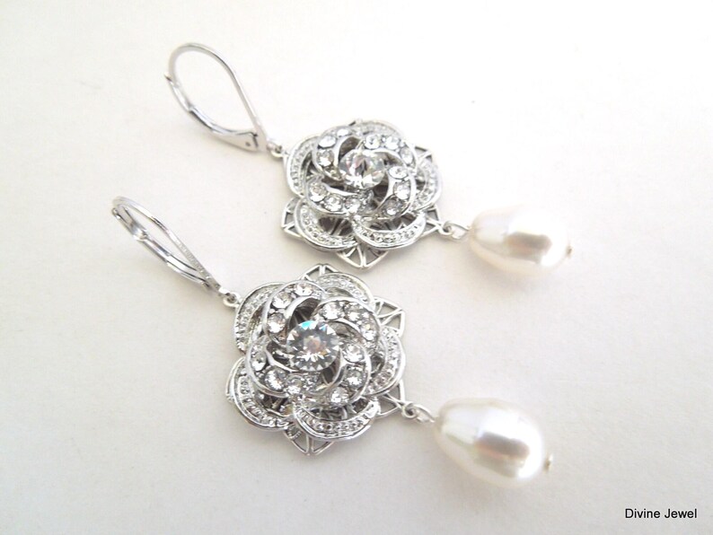 Braut Kronleuchter Ohrringe, Hochzeit Schmuck Perle Tropfen, Viktorianischen Rose Design, Silber oder Gold, ROSELANI Bild 7