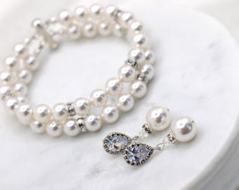 Bridal Pearl Jewelry Set, Sterling Silver Drop Earrings & Rhinestone Bracelet, Renee