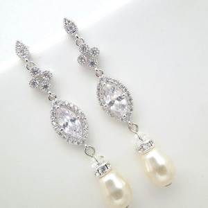 Bridal Teardrop Earrings: CZ & Pearls, Silver Wedding Jewelry, ISLA