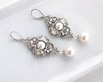Pearl Earrings bridal earrings ivory pearl dangle Earrings Classic Bridal jewelry Wedding Dangle Pearl and rhinestone earrings CLAUDE