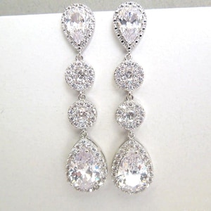 crystal earrings for bride, pear dangle earrings, crystal wedding earrings, bridal jewelry for wedding, CZ bridal teardrop earrings, RHEA