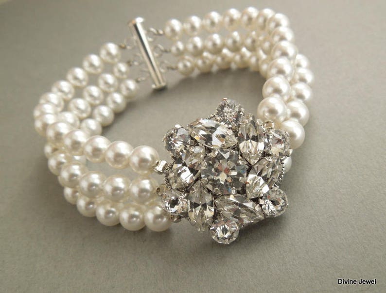 bridal pearl bracelet, wedding Rhinestone Bracelet, wedding Bracelet bridal jewelry, pearl bracelet, rhinestone bracelet, cuff, NATALEE image 6