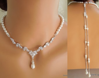 Cubic Zirconia Bridal Necklace and Earrings Set, Backdrop Option Pearl Jewelry, Silver, LUISA