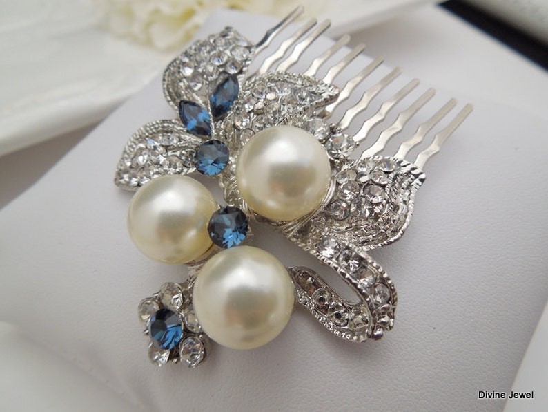 bridal Hair Comb Wedding hair comb pearl Hair Comb wedding hair accessories blue hair comb swatovski crystal vintage style hair comb SHARON