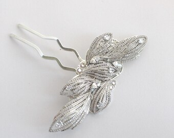 Art Deco Bridal Hair Comb, Cubic Zirconia Wedding Head Accessory, Leaf Motif, Vera