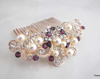 rose gold hair comb, Pearl Wedding Comb, Wedding Hair Accessories, Rhinestone hair comb, Bridal Hair Comb, hair comb vintage, purple, KENDRA