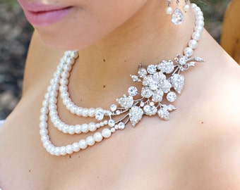 bridal pearl necklace, wedding rhinestone necklace, wedding necklace bridal jewelry, rhinestone necklace, pearl necklace, pearl, DARCIE