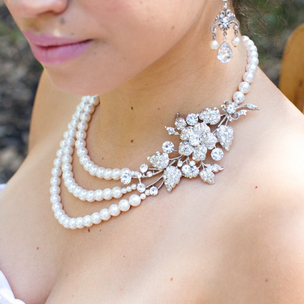 bridal pearl necklace, wedding rhinestone necklace, wedding necklace bridal jewelry, rhinestone necklace, pearl necklace, pearl, DARCIE