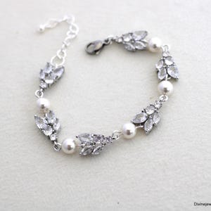 Pearl Leaf Bridal Bracelet: Silver Wedding Jewelry with Cubic Zirconia, Lorna
