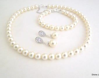 Pearl Bridal Jewelry Set: Cubic Zirconia Silver Necklace and Earrings, MAUDREY
