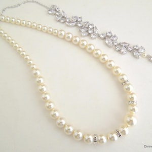Bridal Pearl Backdrop Necklace: Rhinestone Wedding Jewelry, RACHAEL