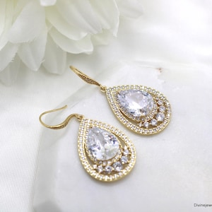 Wedding cubic zirconia Earrings, bridal Earrings chandelier, bridesmaid crystal gold Earrings, statement rhinestone earrings wedding, DINAH