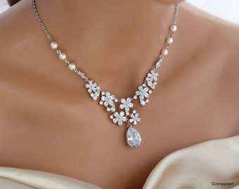 bridal pearl necklace, cubic zirconia necklace, wedding jewelry, pearl necklace, bridal pearl jewelry, teardrop necklace, CZ necklace, DORIS