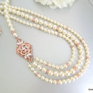 Rose Gold Bridal Pearl Necklace: Rhinestone Wedding Jewelry, ROSELANI