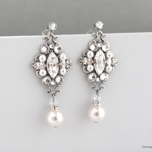 Boucles d&#39;oreilles de mariée en perles pour la mariée, boucles d&#39;oreilles en strass, boucles d&#39;oreilles en perles, bijoux de mariée, boucles d&#39;oreilles en perles, boucles d&#39;oreilles pendantes, GABY