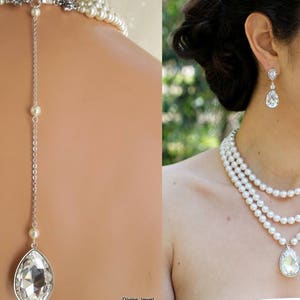 bridal backdrop necklace, bridal pearl necklace, rhinestone wedding necklace, pearl necklace, rhinestone necklace, backdrop necklace, SAHARA