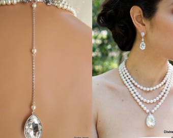 bridal backdrop necklace, bridal pearl necklace, rhinestone wedding necklace, pearl necklace, rhinestone necklace, backdrop necklace, SAHARA