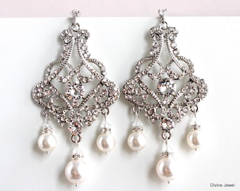 Pearl Bridal Chandelier Earrings, Rhinestone Wedding Jewelry, 3" Long, ALEXA