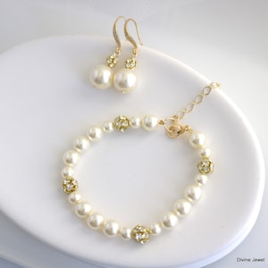Pearl Bracelet and Earring Set: Gold Rhinestone Wedding Jewelry, Claire