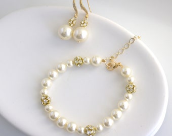 Pearl Bracelet and Earring Set: Gold Rhinestone Wedding Jewelry, Claire
