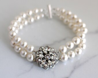 wedding Bracelet for bride pearl bracelet wedding statement bracelet wedding jewelry for brides pearl and rhinestone bracelet ALEXANDRA