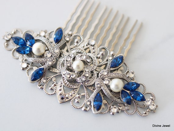 Braut-Kopfschmuck Mit Blauen Saphir-Strass – Elegant, Ca. 38 Cm, Für Hochzeit & Ball
