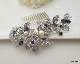 Wedding Hair Accessories, bridal hair comb, pearl hair comb, rhinestone hair comb, blue hair comb, crystal hair comb, vintage style, PENNY