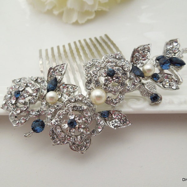 Wedding Hair Accessories, bridal hair comb, pearl hair comb, rhinestone hair comb, blue hair comb, crystal hair comb, vintage style, PENNY