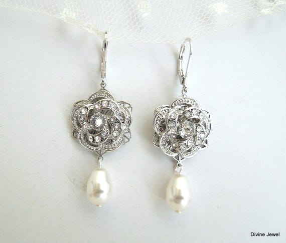 Bridal Chandelier Earrings, Wedding Jewelry Pearl Drop, Victorian Rose Design, Silver or Gold, ROSELANI