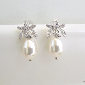 CZ Teardrop Pearl Dangle Earrings: Bridal Wedding Jewelry, Vintage Style, GAIL