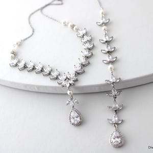 Cubic Zirconia Wedding Backdrop Necklace: Silver Rhinestone and Pearl Bridal Jewelry, Amy