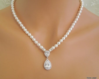 bridal Pearl Necklace, wedding rhinestone necklace, pearl necklace wedding, bridal necklace, rhinestone necklace, statement necklace, MILLA