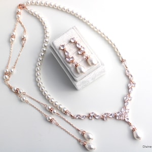 Rose Gold Bridal Necklace and Earrings Set: Cubic Zirconia & Pearls, Backdrop Necklace, Luisa