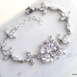Floral Cubic Zirconia Bridal Bracelet: Rhodium Plated Wedding Jewelry, Doris