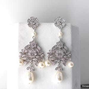 Cubic Zirconia Pearl Chandelier Earrings: Bridal Wedding Jewelry