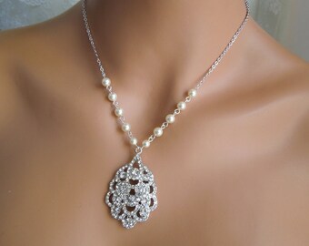 wedding necklace pearl bridal necklace wedding pearl jewelry rhinestone and pearl necklace rhinestone necklace statement teardrop SUSANE