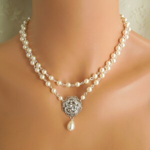 Bridal Pearl Backdrop Necklace: Wedding Rhinestone Floral Jewelry, Roselani