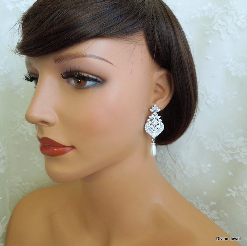 wedding rhinestone earrings XENA bridal earrings chandelier rhinestone earrings pearl earrings vintage style Bridal crystal Earrings